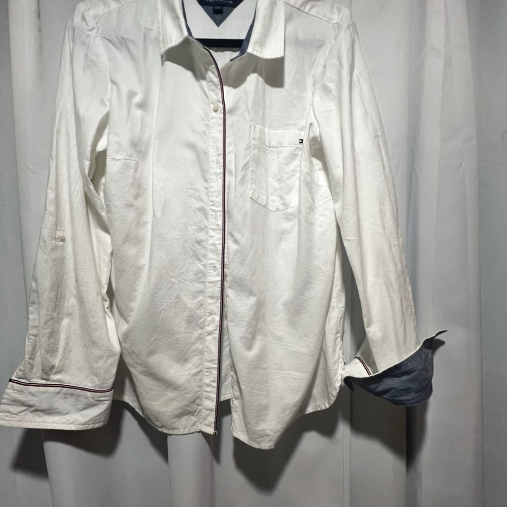 Tommy Hilfiger White Button-Down Shirt with Navy Accents Size Large - Picture 2 of 12